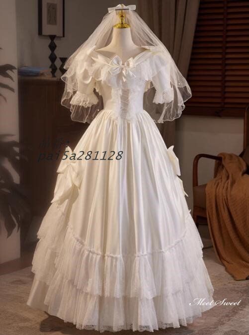 ウェディングドレス ロングドレス プリンセスドレス フリル リボン 半袖 花嫁 パフスリーブ 二次会 サテン 前撮り ウエディングドレス 結婚式 ブライダル pai5a281128