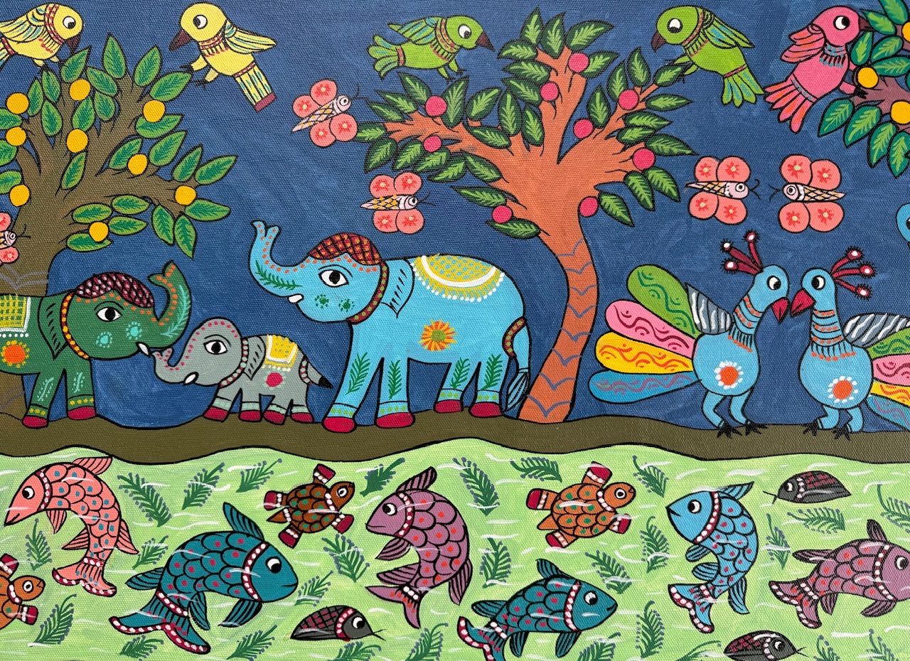 ミティラー マドゥバニ インド ネパール 象 花 鳥 魚 亀 ミティラー画