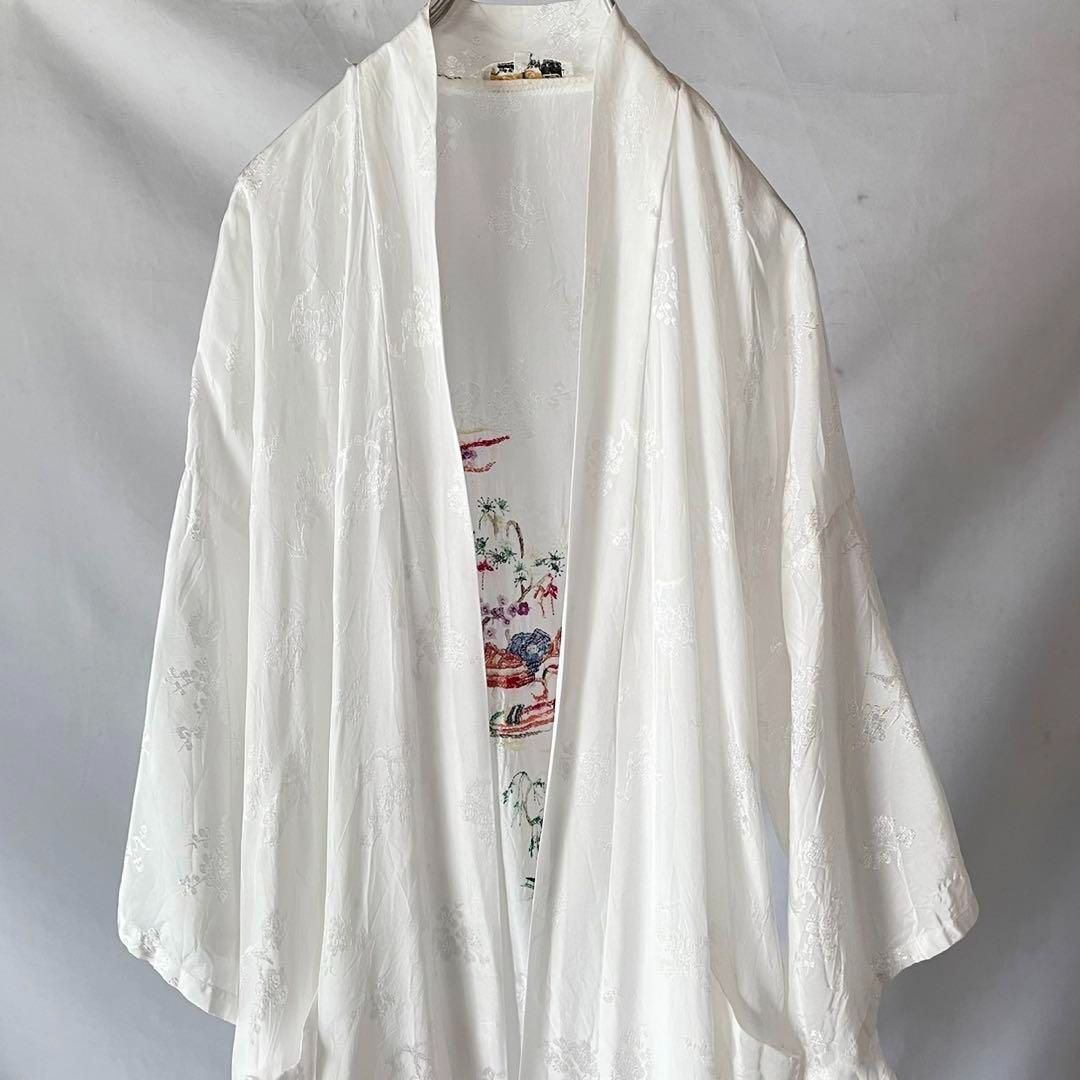 70s vintage 白　チャイニーズ刺繍ガウン　レーヨン　70年代　羽織 古着　ヴィンテージ