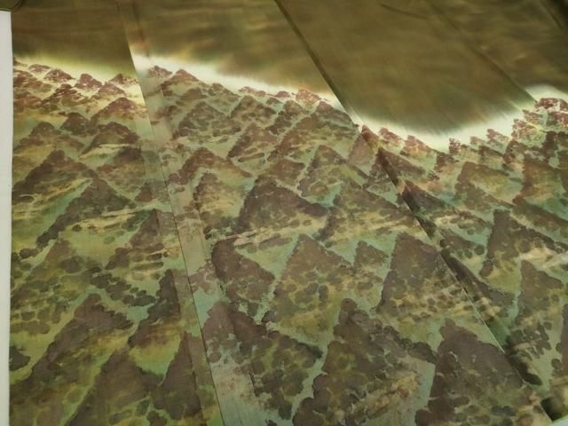 平和屋着物○男性 訪問着 紬地 手描き 遠山樹林文 正絹 逸品  