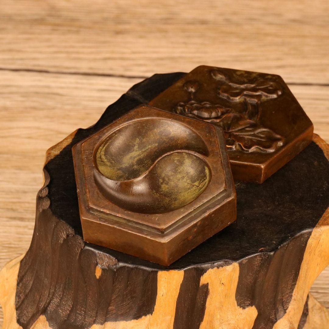 銅製 浮彫蓮花 筆洗 墨盒 硯台 書道具 文房具 現代工芸品 美術品
