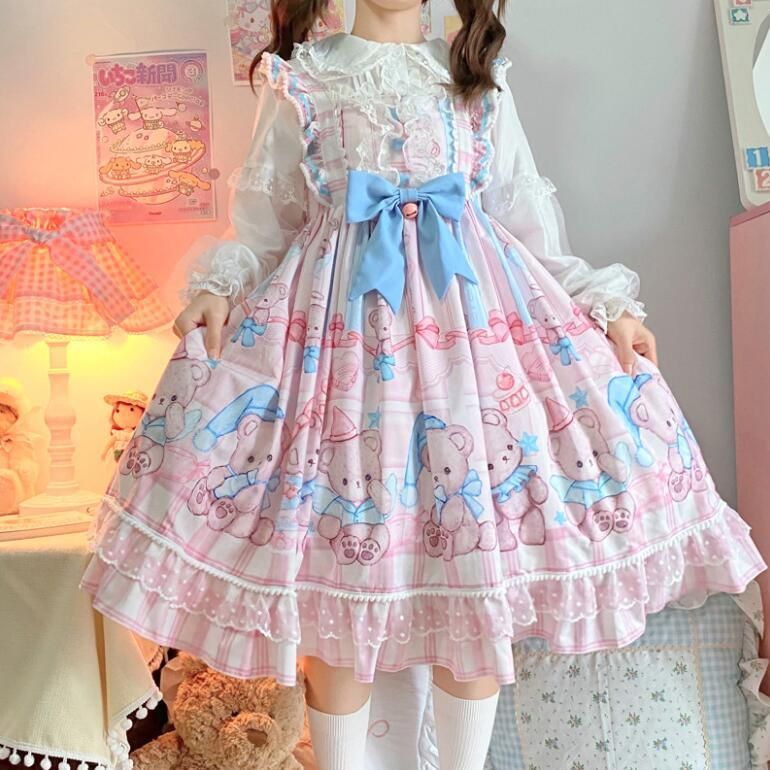 ロリータ ワンピース ジャンパースカート かわいい 膝丈 甘ロリ ゴスロリ ワンピース お姫様 フリル ロリータ服 Lolita レース リボン 裾フリル レディース コス