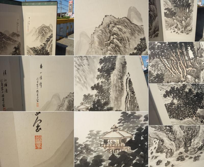 日本画　水墨山水　★手書き　1点モノ★嬉しい額装付！外寸約561×422mm11 中古】F▽屏風 春夏秋冬 水墨画 山水図 六曲一隻 錦峯山人