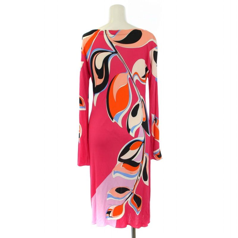 美品　EMILIO PUCCI 総柄　シルク　長袖ひざ丈ワンピース　S M EMILIO Emilio Pucci タイト ワンピース S 膝下丈 ブルー ストレッチ
