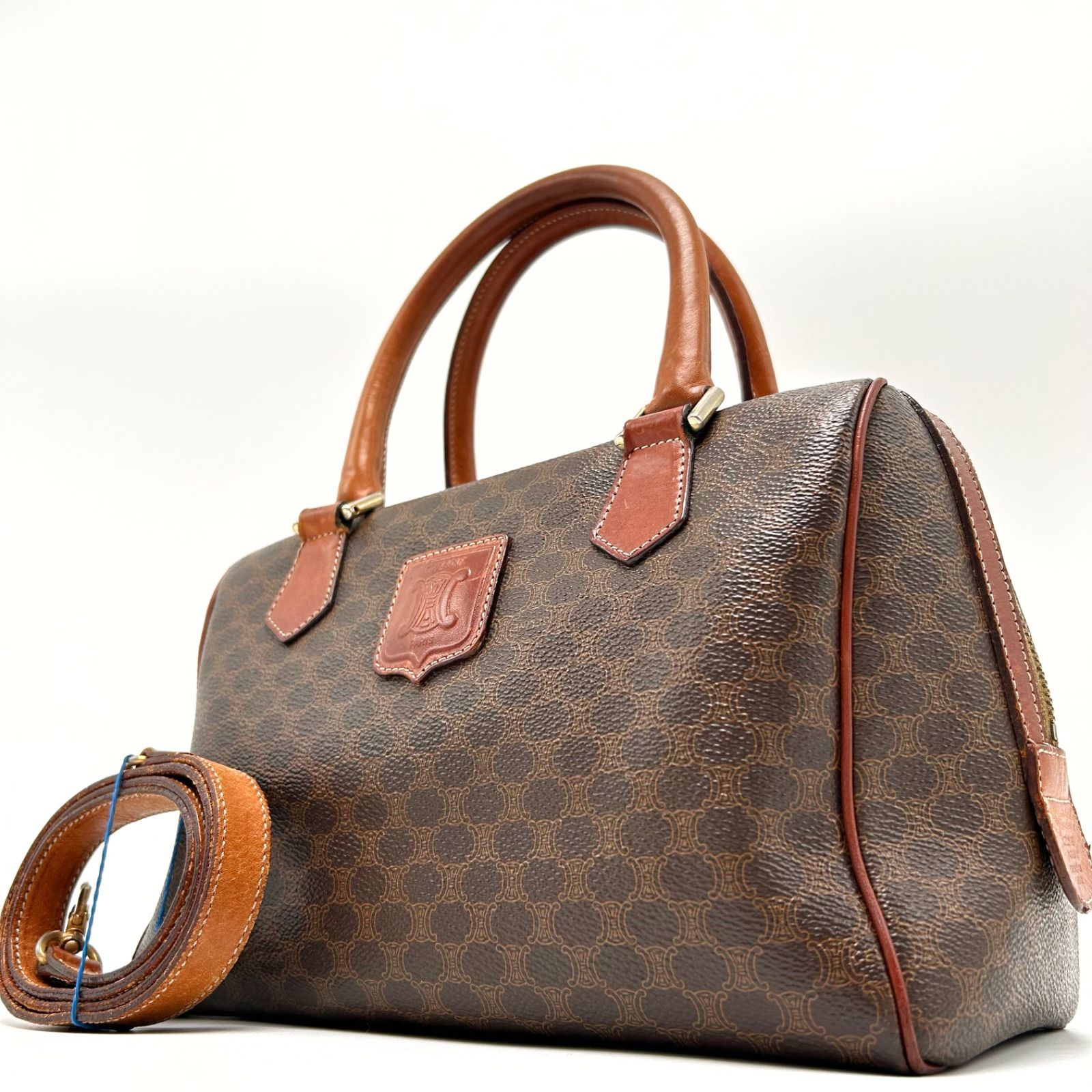 CELINE セリーヌ ハンドバッグ ミニボストン ショルダー 2way マカダム柄 レザー PVC ブラウン 茶色 ダーク メンズ レディース ユニセックス - メルカリ