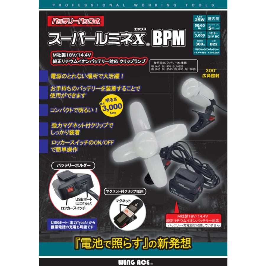 送料無料 新商品 WING ACE バッテリー式 スパールミネＸ BMP マグネット付クリップ maktia純正バッテリー18V 14.4V対応 電池式 LED電球付グリップランプ SLX-300BPM 室内用 バッテリー 充電器は付属しません
