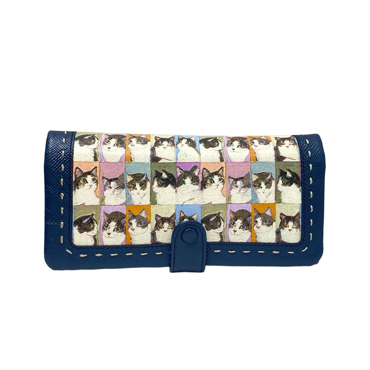 Manhattaner s マンハッタナーズ 長財布 - ネイビー×アイボリー×マルチ ネコ レザー