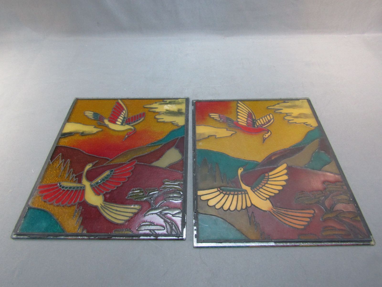 鶴のガラス絵　２枚セット　凹凸ガラス　でこぼこガラス　昭和レトロ-5