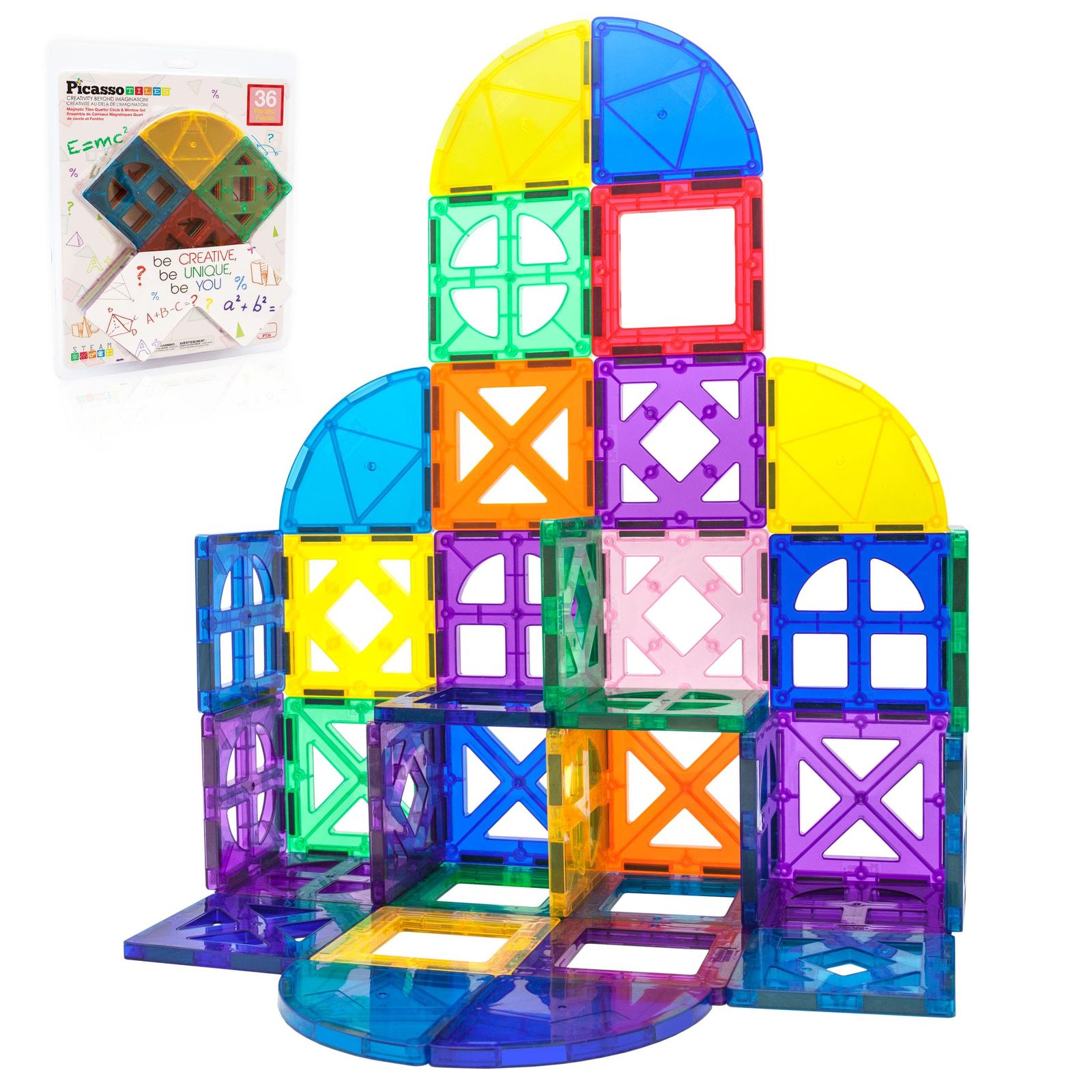 PicassoTiles 36ピース 磁気ビルディングブロック クォーターラウンドとウィンドウセット マグネット 建設玩具 教育キット エンジニアリング STEM学習プレイセット 子供の脳開発 スタッキングブロック プレイボー [1/4ラウンドとウィンドウ。]