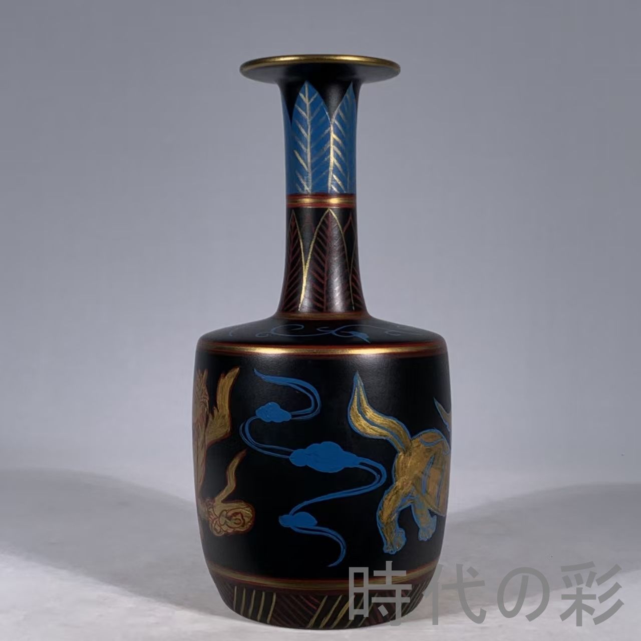 中国古美術 宋代 汝窯 大漆彩絵 神獣文 紙槌瓶 花瓶 文房置物 茶道具 彩絵螺鈿 古陶磁器 旧蔵 古賞物 古玩 時代物 R0710110104