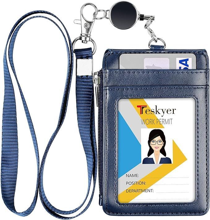 【在庫処分】[Teskyer] IDカードホルダー パスケース 伸縮リール式 PUレザー 定期入れ リール付き 小銭入れ コインケース ファスナー ネームホルダー 名札ケース 社員証 カードホルダー カード