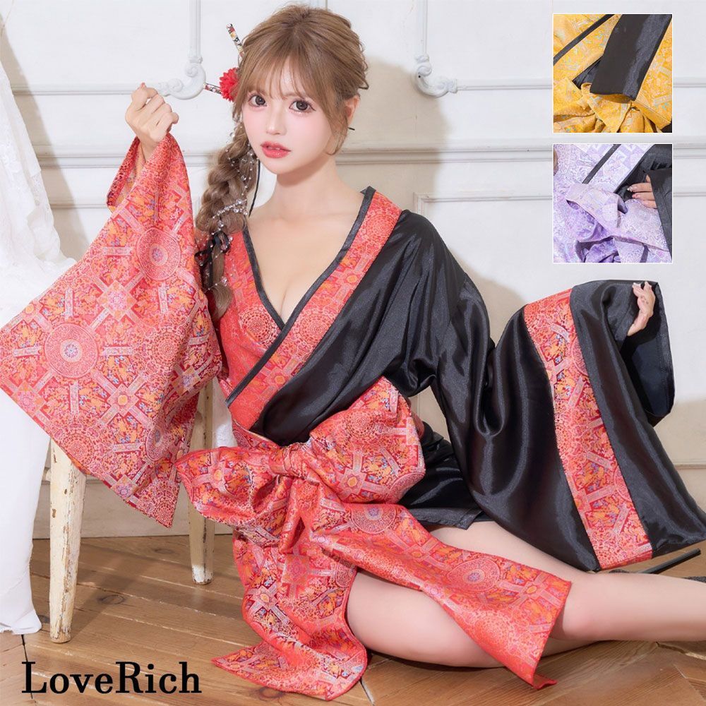LoveRich ラブリッチ ライン 2点セット|3カラー バイカラー 花柄 和柄 オフショル ミニ 豪華 帯 リボン 花魁 着物 ドレス コスプレ イベント 1536