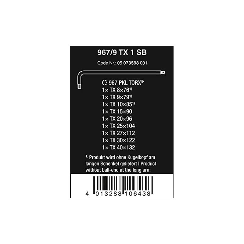 全国送料無料! Wera ヴェラ 05073598001 | 六角 967 PKL|9 SB L-Key Set BlackLaser Ballpoint Hex Key 9ピース 1 スタイルアップ