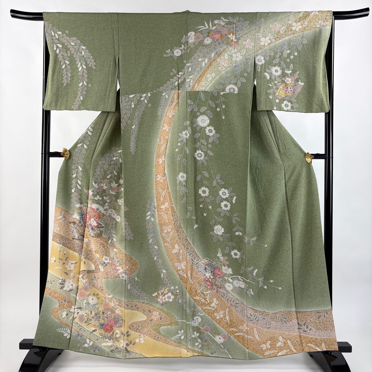 訪問着 身丈159cm 裄丈66cm M 袷 文箱 草花 金彩 ぼかし 抹茶色 正絹 名品