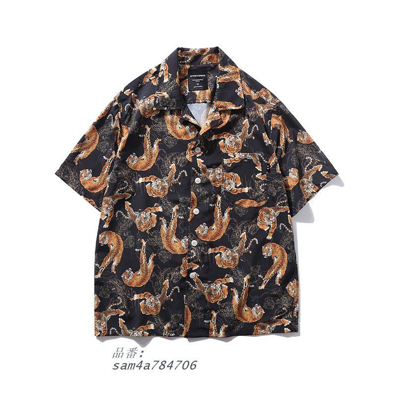 アロハシャツ アニマル タイガー 動物柄 カッコイイ Vネック サマー トップス メンズファッション お兄系 開襟シャツ 総柄 カジュアルシャツ am4a784706