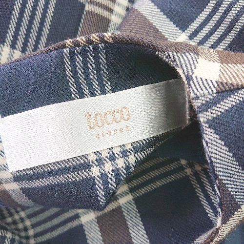 ◇ tocco closet トッコ クローゼット チェック柄 フレア 七分袖 ロング丈 ワンピース サイズM ネイビー系 レディース E  【1404240026988】