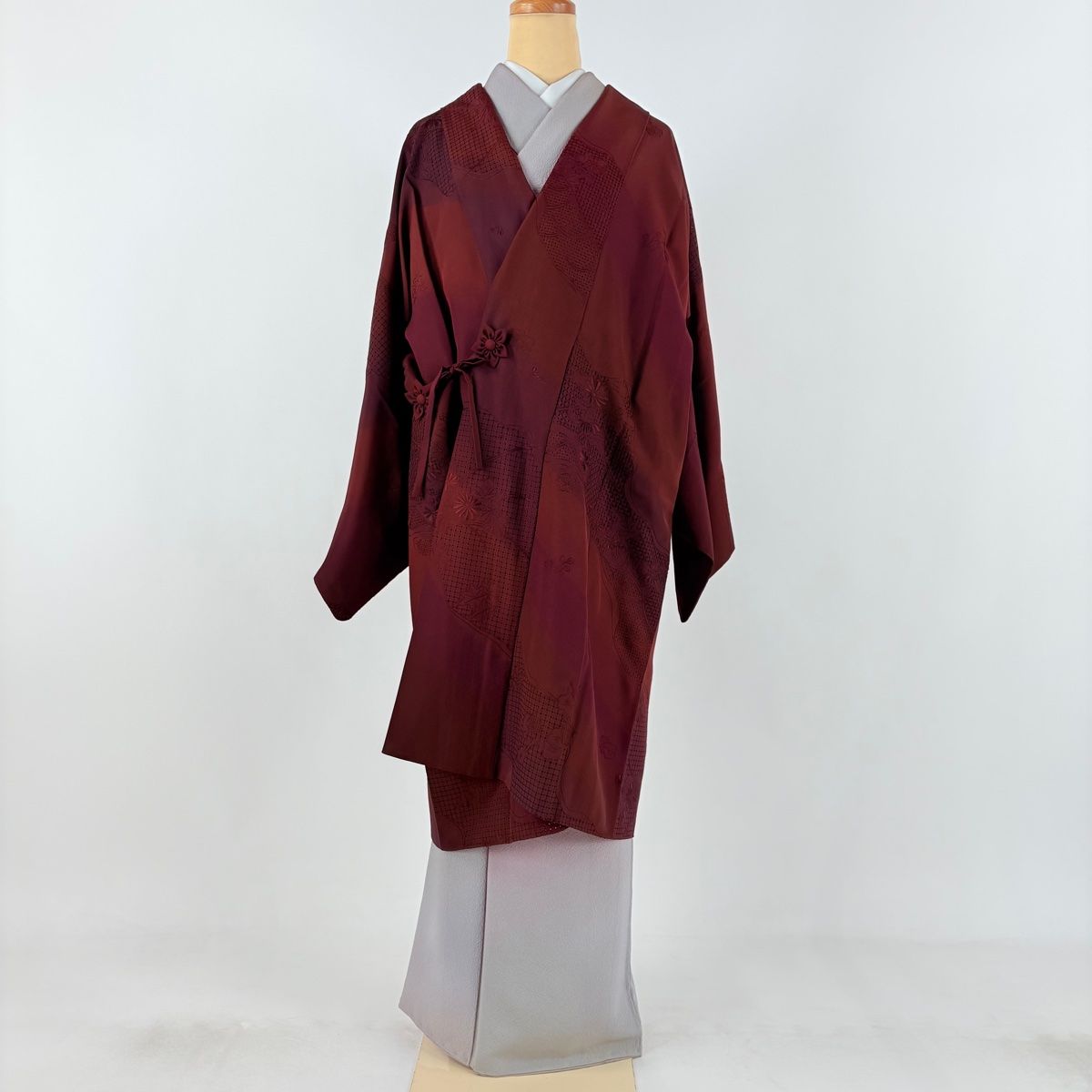道中着 身丈103.5cm 裄丈64cm M 和装コート 菊 萩 刺繍 赤紫 正絹