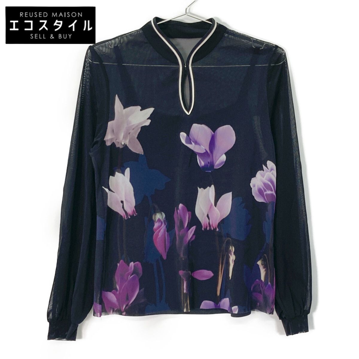 VIVIENNE TAM ヴィヴィアンタム ﾌﾞﾗｯｸ ｷｬﾐｿｰﾙ付き CYCLAMEN PRINT NETTING BLOUSE 38