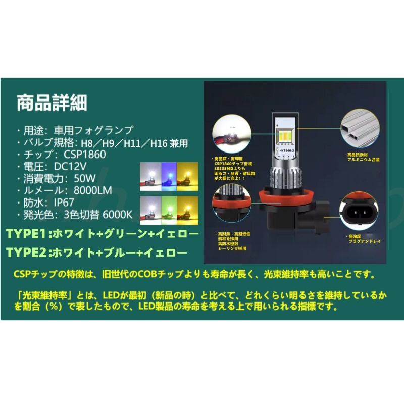 H8 H9 H11 H16 LED フォグランプ 6000K バルブ 3色切替 トヨタ
