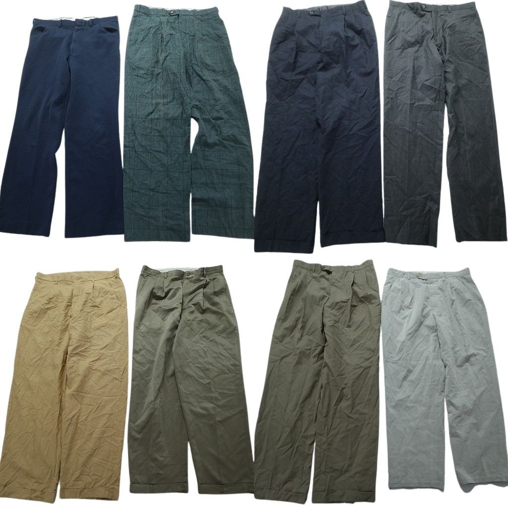 古着卸 まとめ売り スラックス パンツ 8枚セット (メンズ 34 ) チェック ワイド グリーン ブルー アースカラー 2タック ネイビー MW0627
