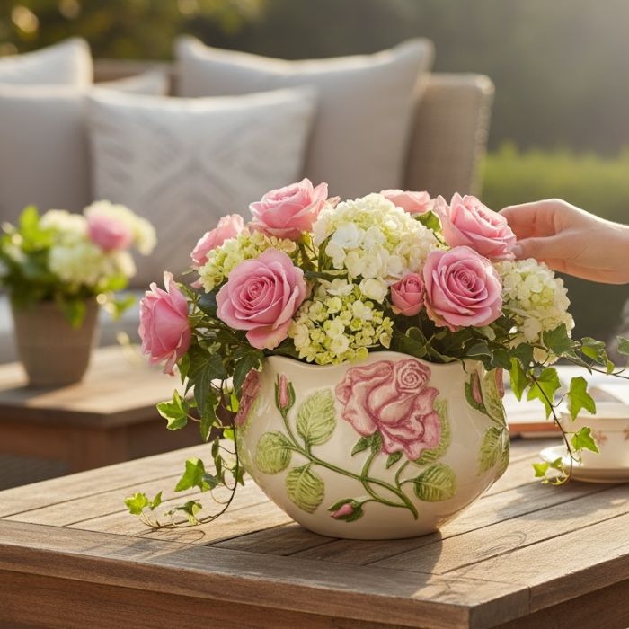 植木鉢 ポルトガル 手描き バラ ピンク ローズ 花柄 陶器 セラミック