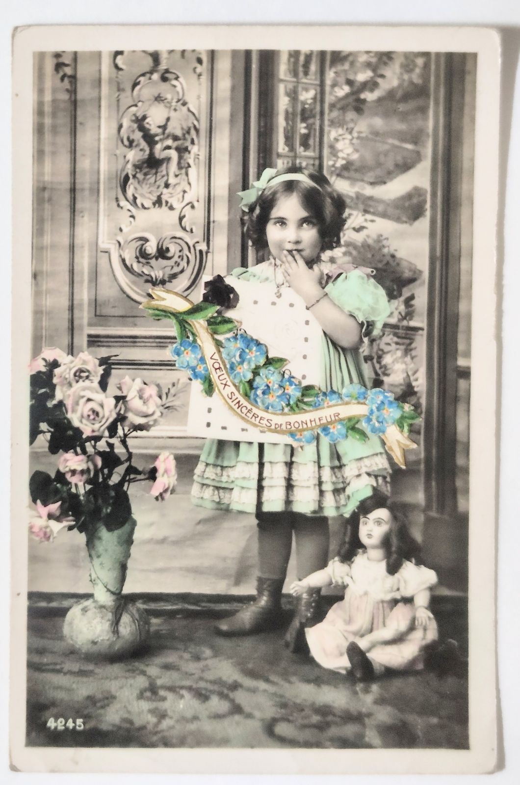 ［レア］フランス　アンティーク　ポストカード　女の子　少女　ドール ドールと少女 1 フランス ヴィンテージ ポストカード アンティーク