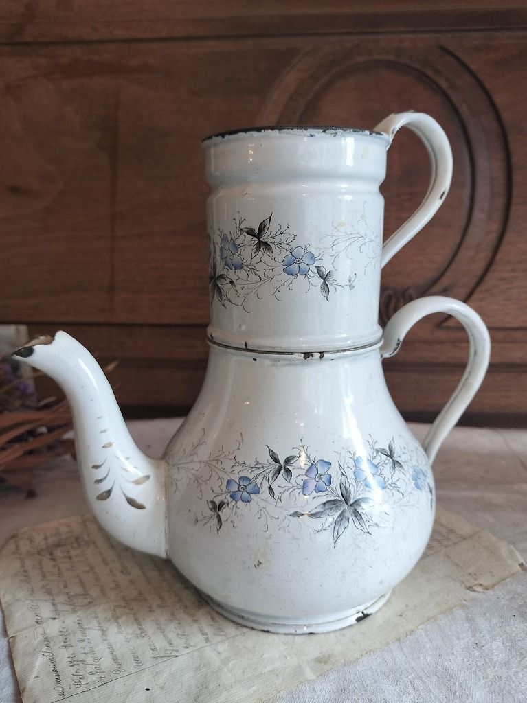 フランスアンティーク　ホーロー　ポット　花柄 フランスアンティークホーローポット花柄