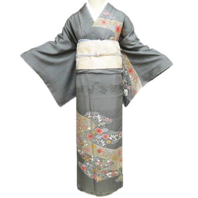 訪問着 着物 中古 正絹 袷 フォーマル 絞り染め 花の図 反端付き 老竹色 多色 身丈161cm 裄68cm M ワイド きもの北條 A1267-8 訪問着 着物 中古 正絹 袷 フォーマル 絞り染め 花の図 反端付き 老竹