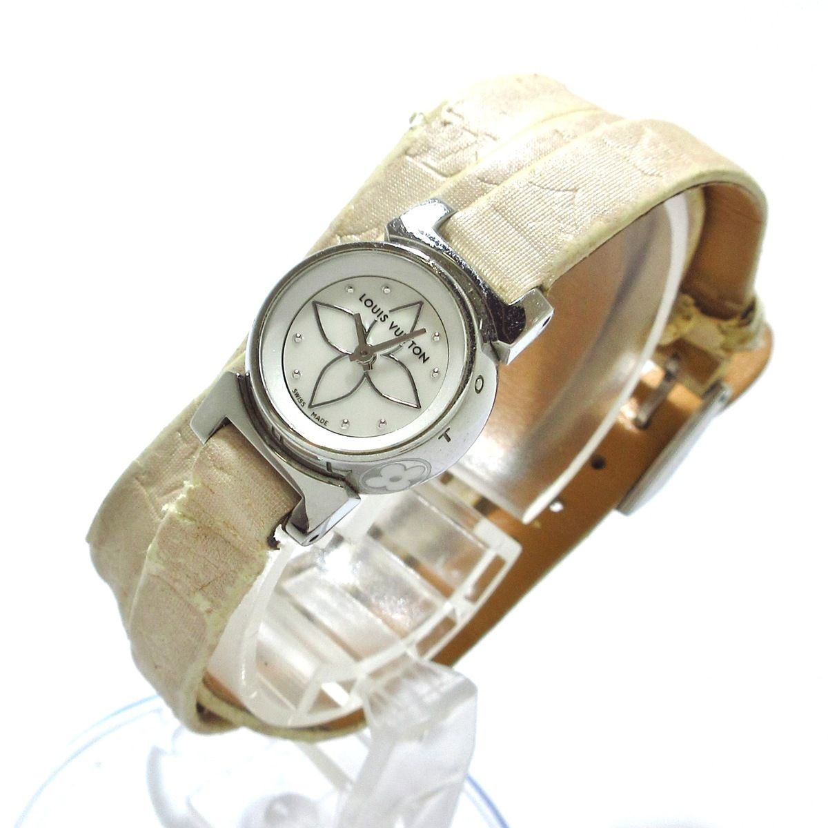 【美品 確実正規品】ヴィトン 腕時計 タンブール ビジュ ホワイトシェル 可動品サファイアクリスタルベルト尾錠