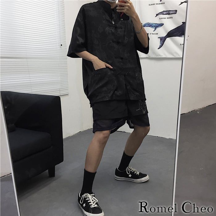【お気にいる】 RomelCheo 龍柄 チャイナシャツ モノクロ チャイナ服 メンズ ミュージシャン