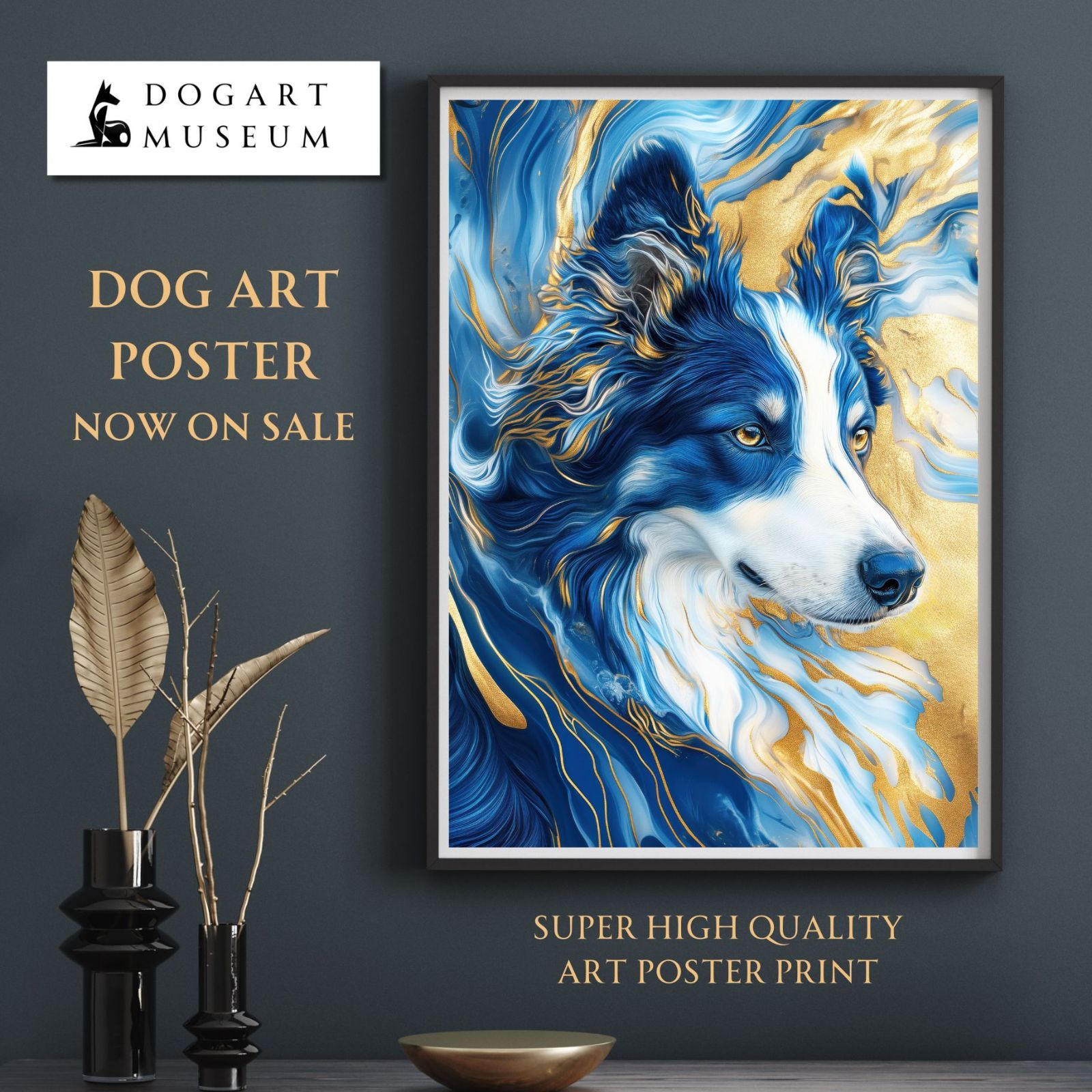 青と金 - ボーダーコリー犬 No.1 ゴールド ペットロス うちの子 記念日 アートポスター 犬の絵 犬のイラスト ギフト プレゼント