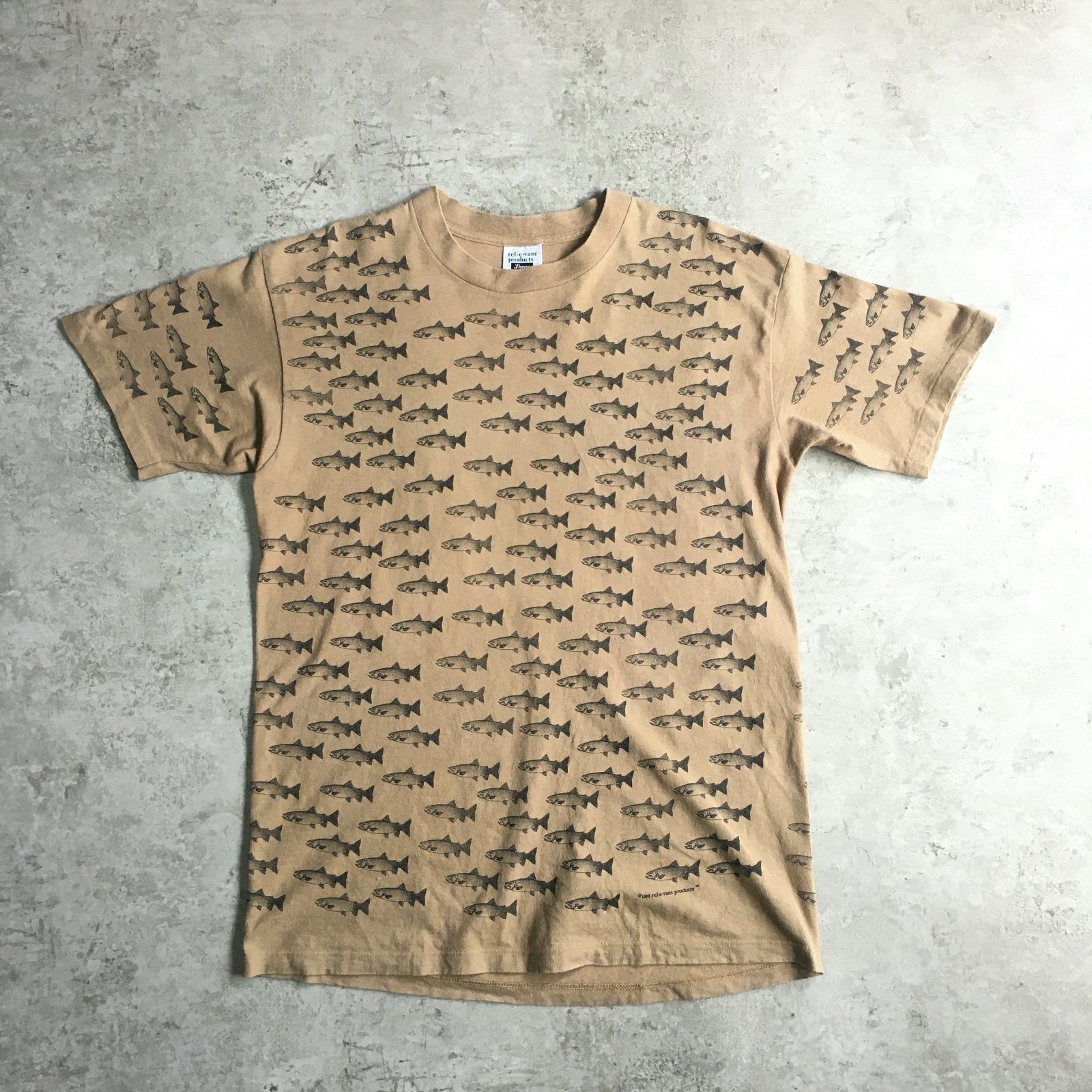 90s USA製 rel-e-vant produdts Trout T-shirt トラウト 総柄Tシャツ 
