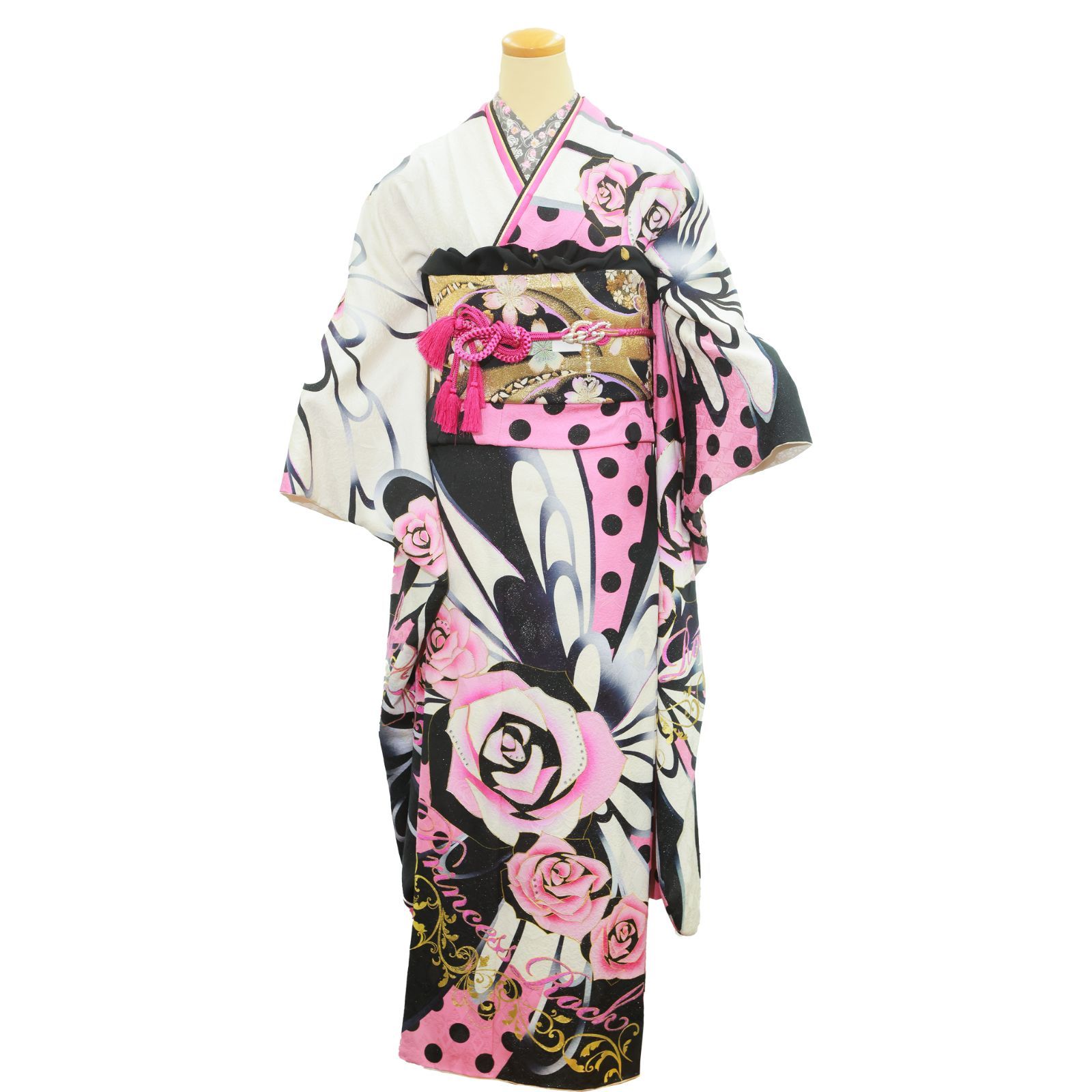 【るあ】振袖セット　美品　白×黒×ピンク　バラ　ドット　華やか　ストーン付 かわいい ファッション 振袖セット 美品 白×黒×ピンク バラ ドット