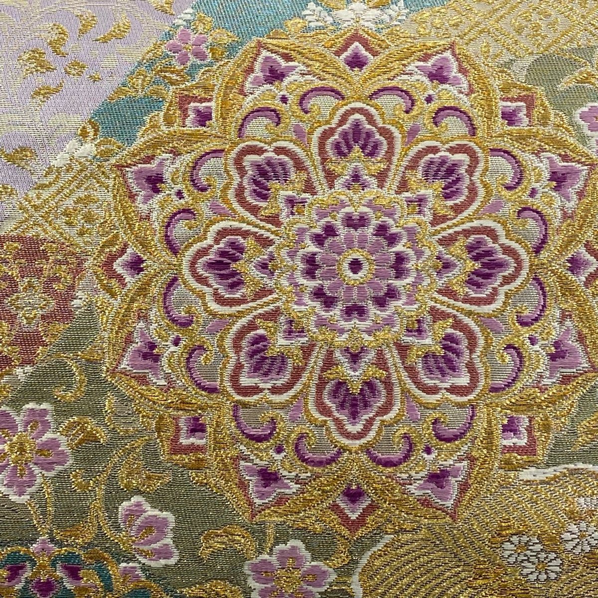 袋帯 じゅらく 落款 帝王紫 華文 花鳥 金糸 箔 灰紫 お太鼓柄 正絹