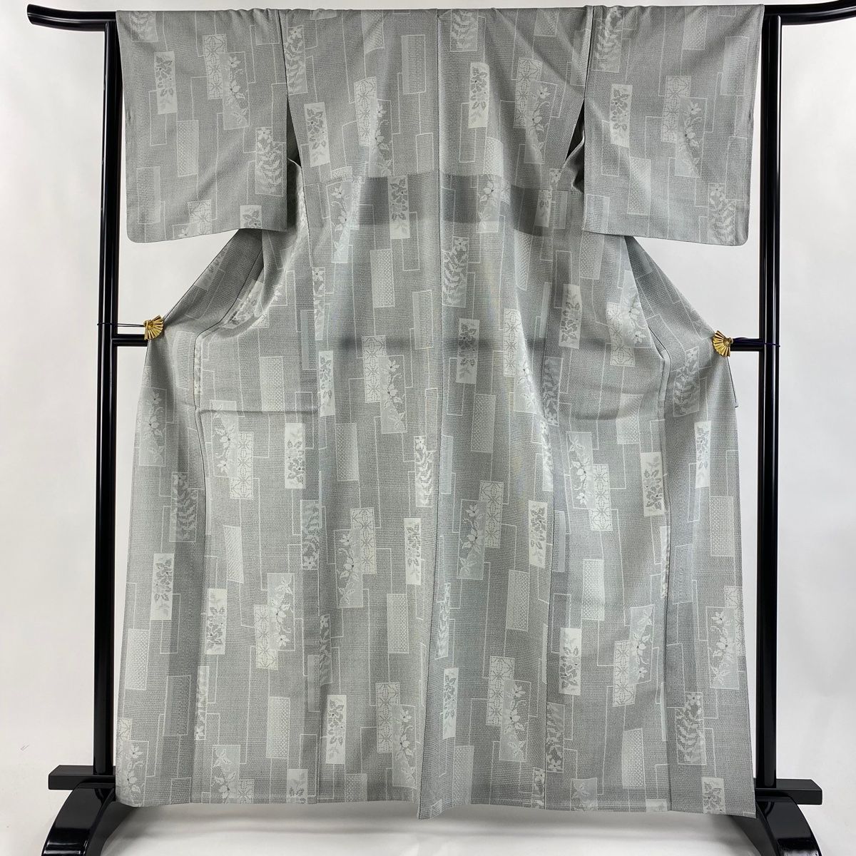 塩沢紬 身丈163.5cm 裄丈63.5cm S 単衣 塩沢絣 雪塩沢 証紙 短冊 草花 青灰色 正絹 名品