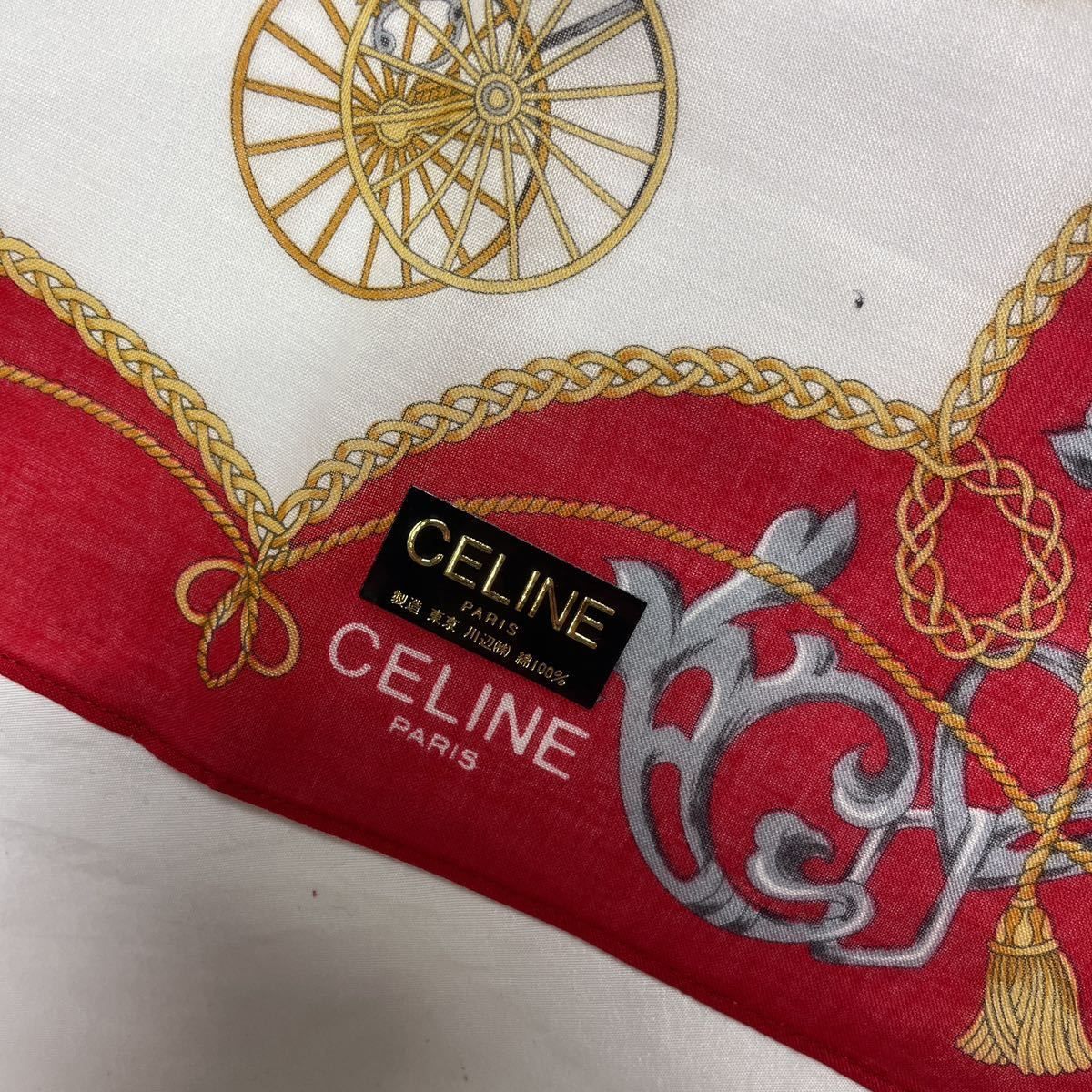 CELINE 大判スカーフ ハンカチ　ヴィンテージ　新品未使用　馬車　チェーン柄