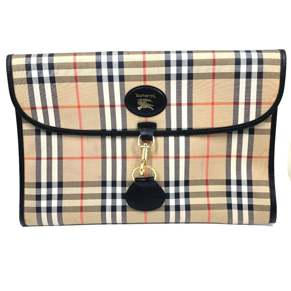 【美品】BURBERRY ベージュ レザー クラッチバッグ バーバリー ロゴ チェック ポーチ クラッチバッグ キャンバス/レザー