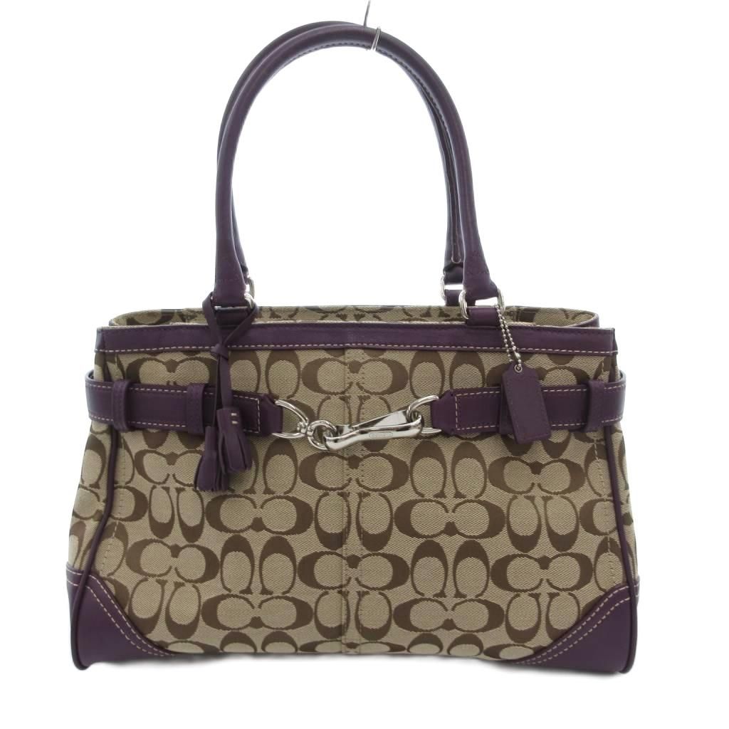 コーチ COACH ハンドバッグ キャンバス レザー シグネチャー 紫 パープル ベージュ |JS GY18