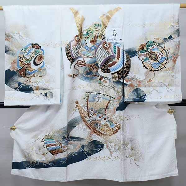 お宮参り 産着 のしめ 男児 正絹 綸子地 金刺繍 白地 龍 NO40536 お