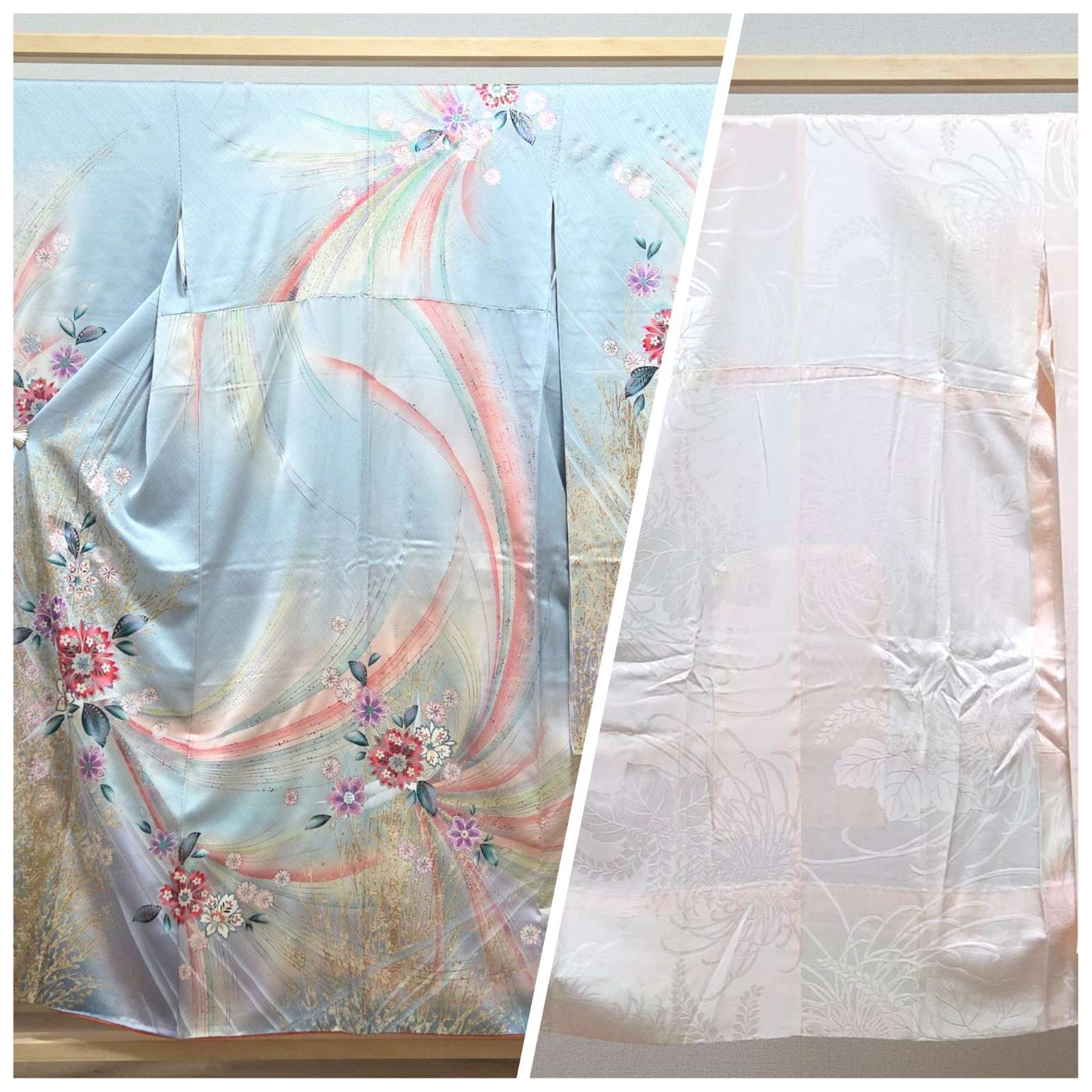 D◆着物くつろぎ 振袖 襦袢セット かわいい花模様 金彩 ラメ キラキラ 水色 袷 正絹 成人式 着物