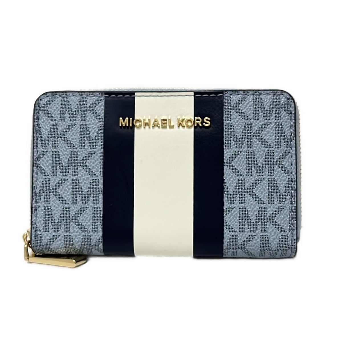 MICHAEL KORS マイケルコース コインケース ライトブルー×ネイビー×白 MKシグネチャー|ラウンドファスナー レザー