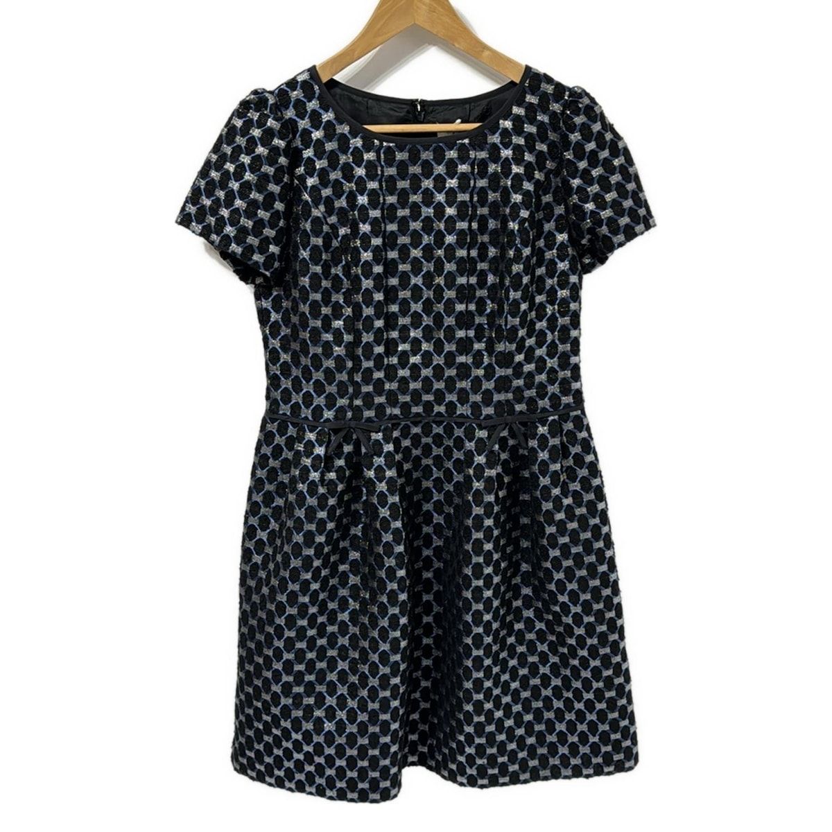 SUPERBEAUTY スーパービューティー ワンピース サイズ42 L レディース - ブルー×黒×シルバー クルーネック 半袖 ひざ丈 リボン