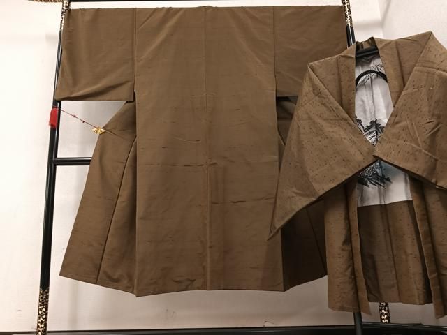 平和屋着物●男性 紬 アンサンブル 色無地 媚茶色 正絹 AABB0435ph