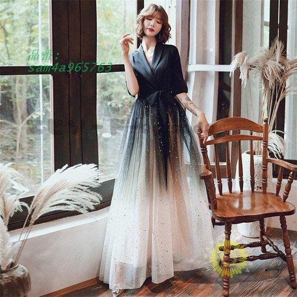 ロングドレス 演奏会 パーティードレス ドレス レディース 結婚式 マキシ丈 お呼ばれ 発表会 ドレス 披露宴 上品 Vネック グラデーション 二次会 ワンピース am4a965763