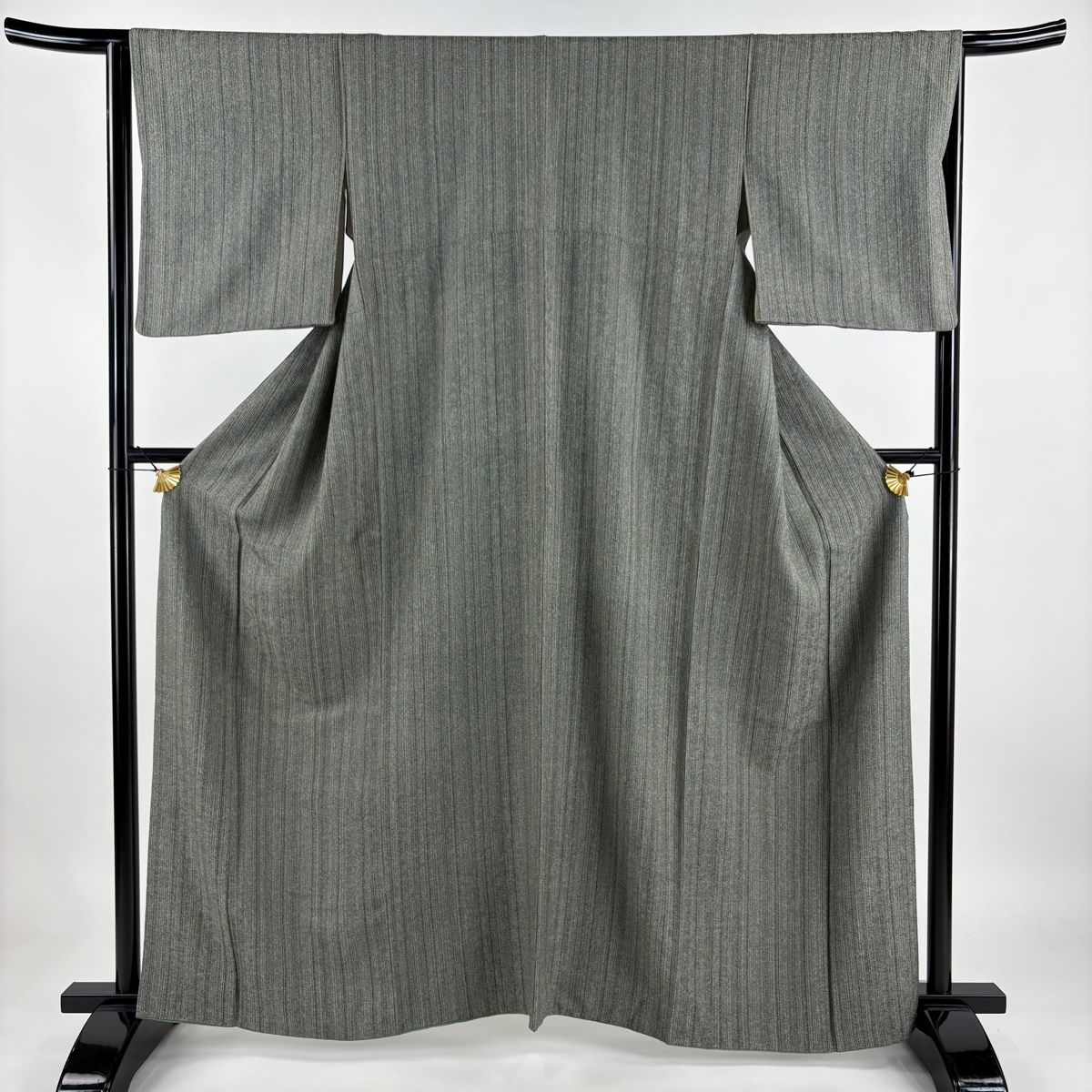 小紋 身丈161cm 裄丈64.5cm M 袷 縦縞 灰緑 正絹 秀品 【中古