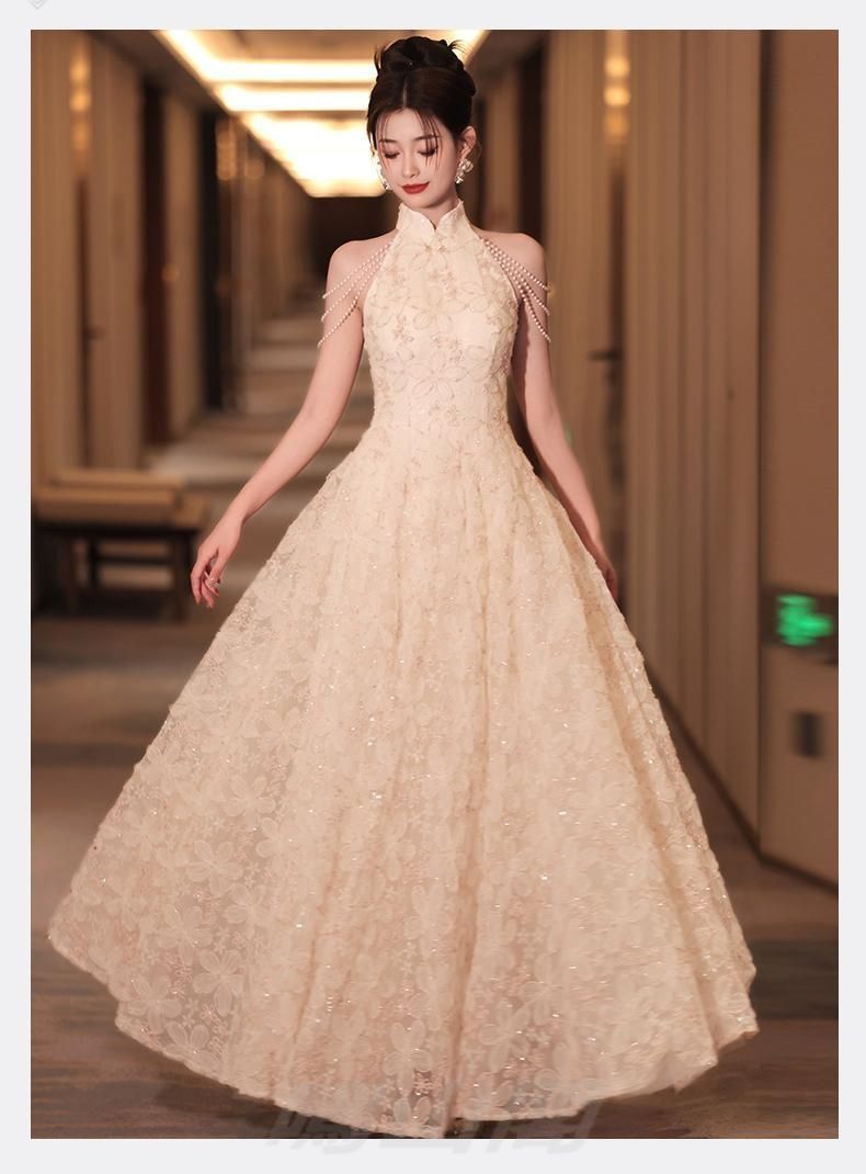 2025 新中華風 花柄 チャイナ風ドレス レディース 改良型旗袍 ノースリーブ Aライン 上品 ロング丈 敬酒服WP 109