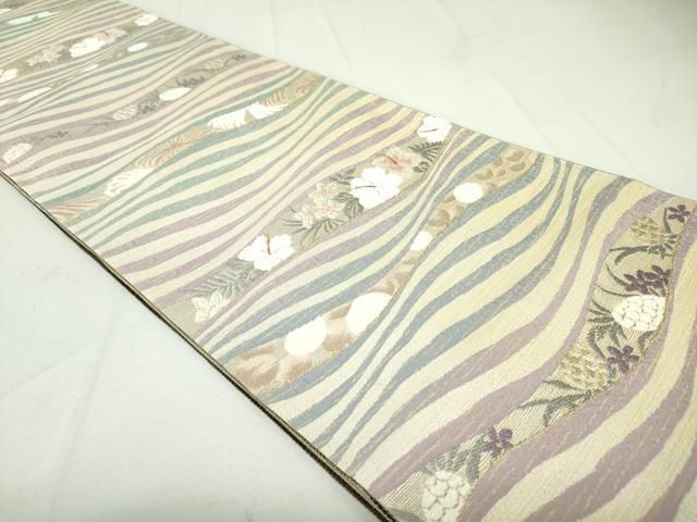 平和屋着物○両面 六通柄袋帯 モール織 よろけ縞花文 金糸