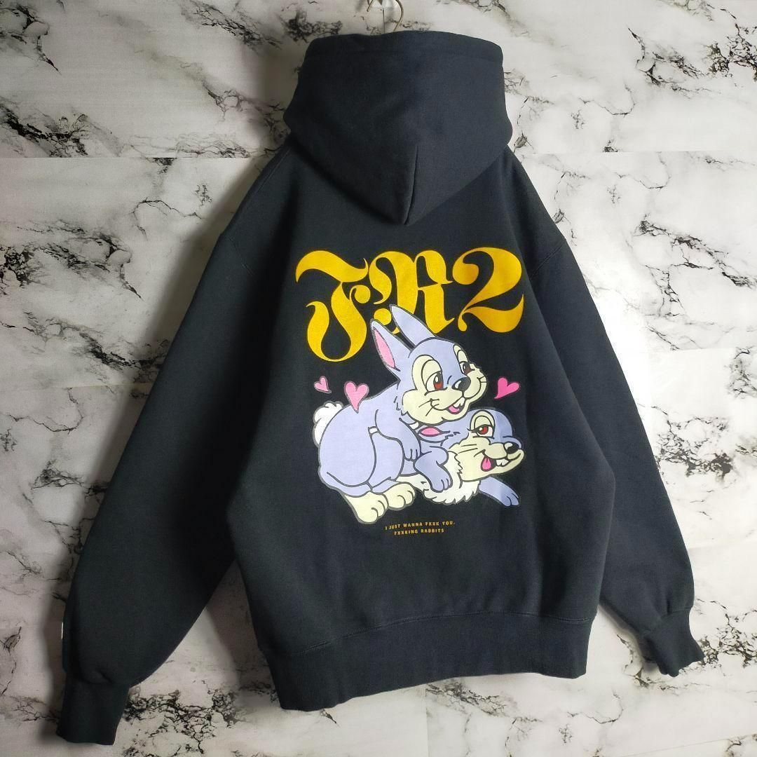 【美品】FR2 プルオーバーパーカー フーディー 黒 L 天使 ウサギ袖プリント 美品】FR2 プルオーバーパーカー フーディー 黒 L 天使 ウサギ袖