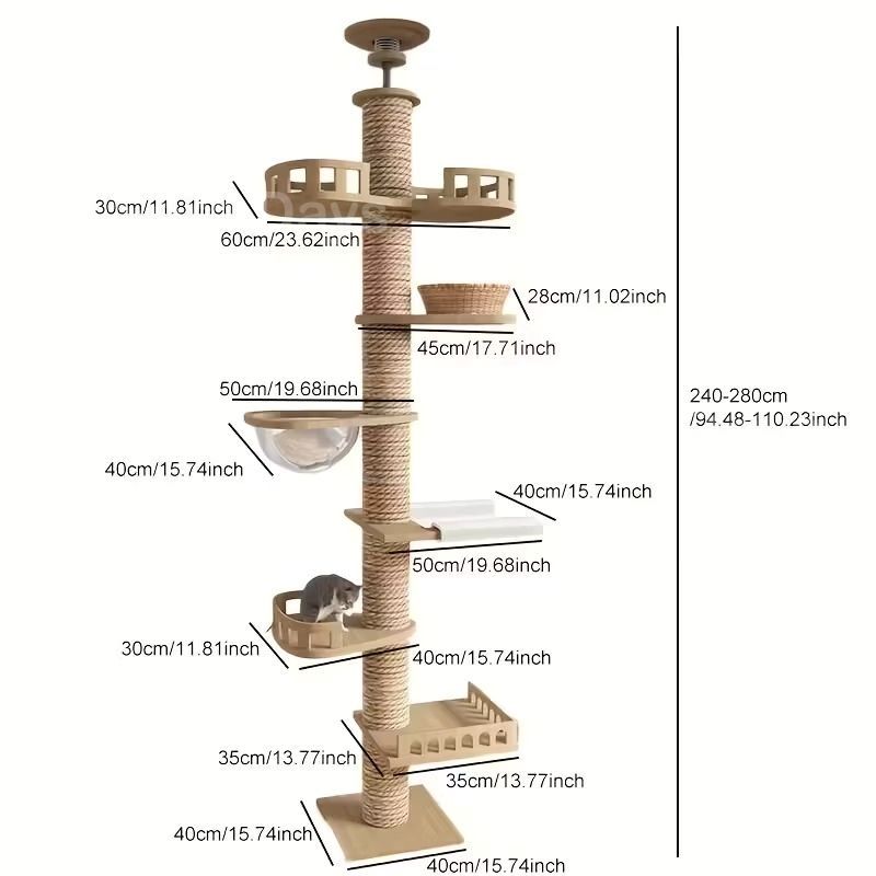 キャットタワー 猫タワー 大型猫用 突っ張り式 天然木 ナチュラル シンプル おしゃれ インテリア 北欧 多頭飼い 展望台 宇宙船 爪とぎ 運動不足解消 安定 調節 スリム 高さ240~280cm