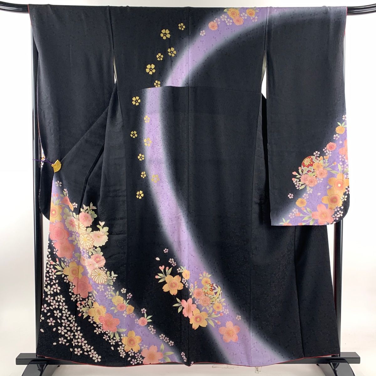 振袖 身丈157cm 裄丈68cm L 袷 桜 手鞠 金彩 ぼかし 黒 正絹 名品 